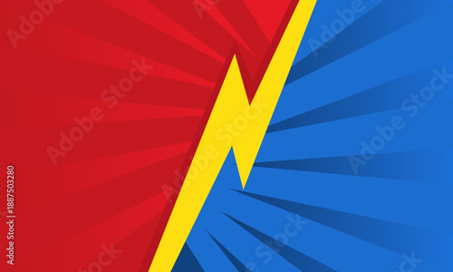 Dynamic lightning bolt dividing red and blue comic style background.