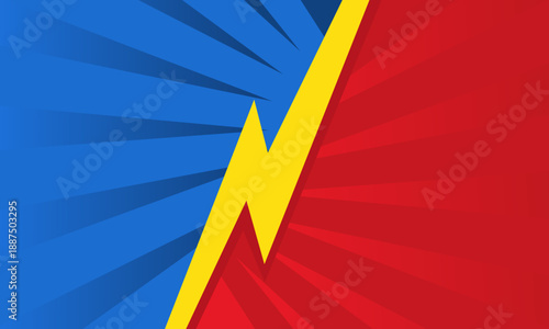 Dynamic yellow lightning bolt dividing blue and red comic book style background.