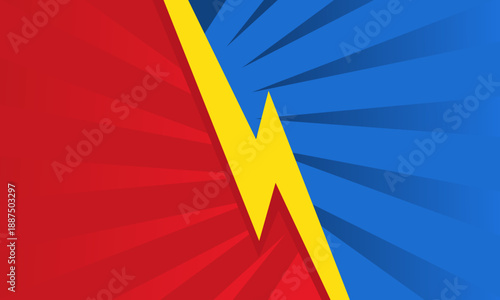 Dynamic yellow lightning bolt striking through a vibrant red and blue background.