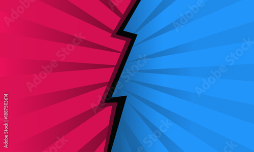 Dynamic comic book style background with contrasting red and blue halves separated by a lightning bolt.