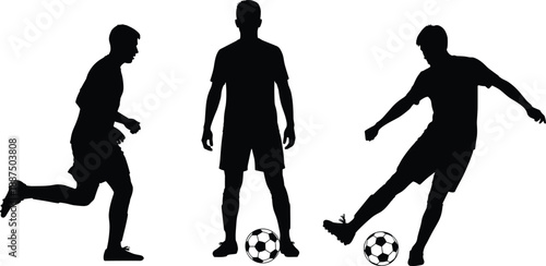 Soccer player silhouettes set with ball control, kicking and dribbling poses, football sport action concept, black athletes isolated vector
