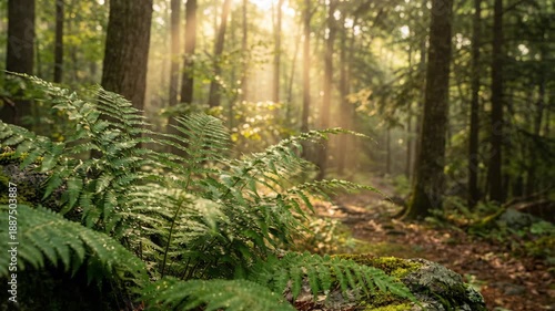 Sunlight Beams Through Lush Green Forest Illuminating Ferns and Moss Covered Rocks Creating a Magical Atmosphere