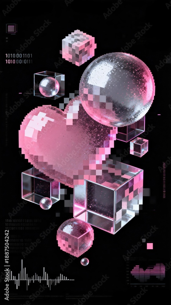Fototapeta premium Valentine's Day Romantic Ad Poster, featuring heart, rose, cyber cubes sphere love decorations
