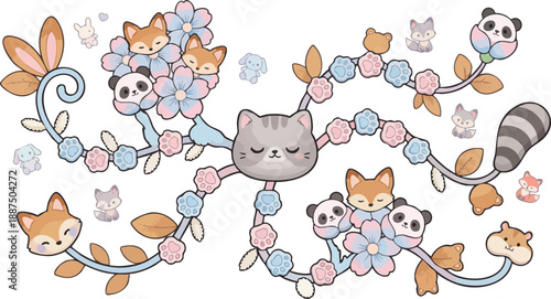 A whimsical illustration featuring a sleeping grey cat surrounded by branches adorned with pastel flowers, foxes, pandas, and other cute forest animals.