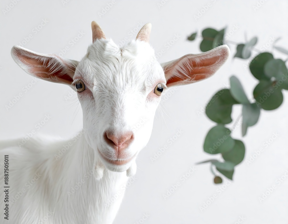 Fototapeta premium A white goat with a blurred eucalyptus branch