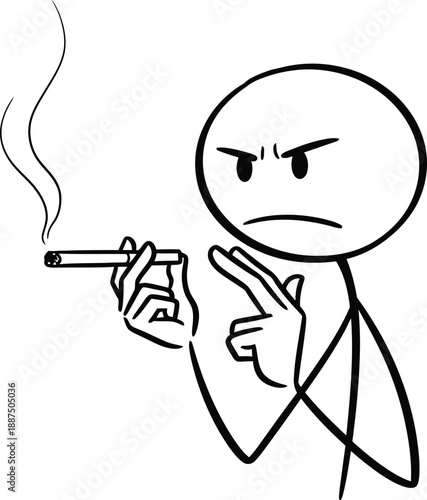Angry stick figure businessman smoking cigarette with frustrated expression, unhealthy habit, stress at work, nicotine addiction, simple line art illustration.