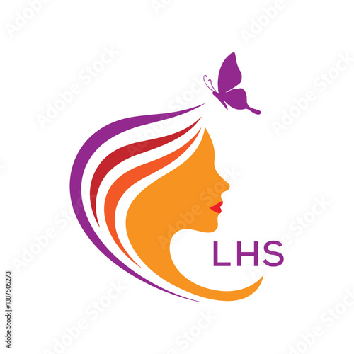 LHS Star Beauty Logo with Elegant Woman Silhouette. LHS Feminine Salon, Spa & Cosmetic. LHS Branding Icon.

