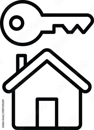 House and Key Icon, Home Ownership Symbol, Simple Line Art