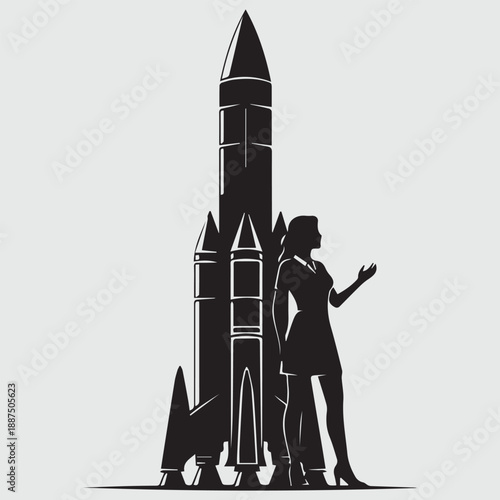 Female Aerospace Engineer Standing with Rocket, Space Technology and Innovation Concept