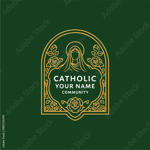 Elegant Catholic Community Logo Design with Virgin Mary and Roses.