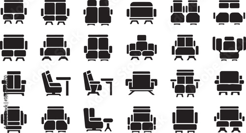 Set of Cinema and Theater Seat Silhouette Icons Featuring Various Front and Side View Movie Hall Seating Arrangements