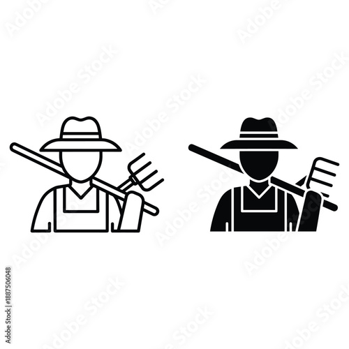 Two farmers wearing hats and overalls carrying pitchforks and rakes in black and white line agriculture