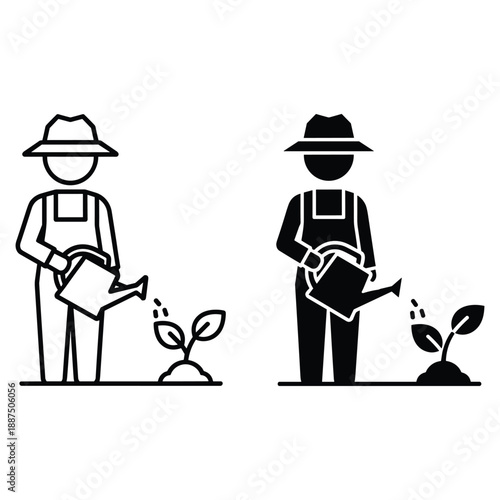 Two farmers in overalls watering plants with watering cans one in white and one in black