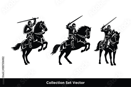 Medieval Knight Riding Horse and Warrior Collection Set Vector Illustration