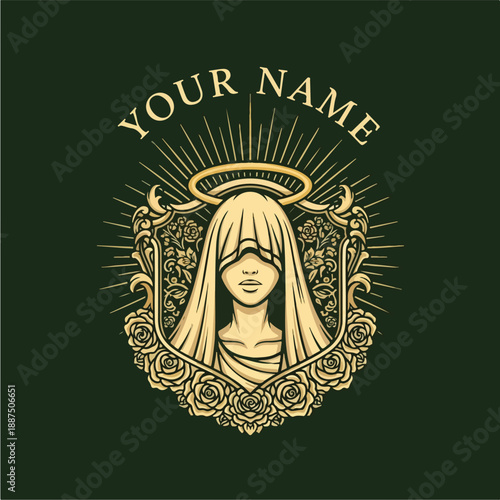 Elegant Religious Iconography of a Veiled Woman with Halo and Roses.