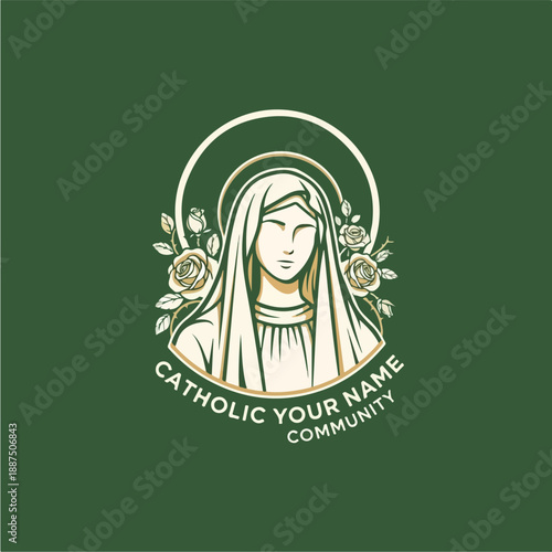 Elegant Virgin Mary Logo with Roses and Halo.