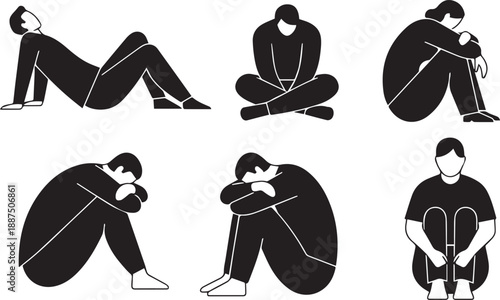 Collection of People Silhouettes in Sad Lonely and Depressed Poses