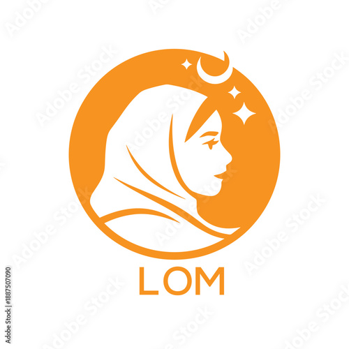 LOM Elegant Muslim Woman Logo. LOM with Crescent Moon and Stars – Islamic Beauty, Hijab Fashion & Modest LOM Branding Icon.
