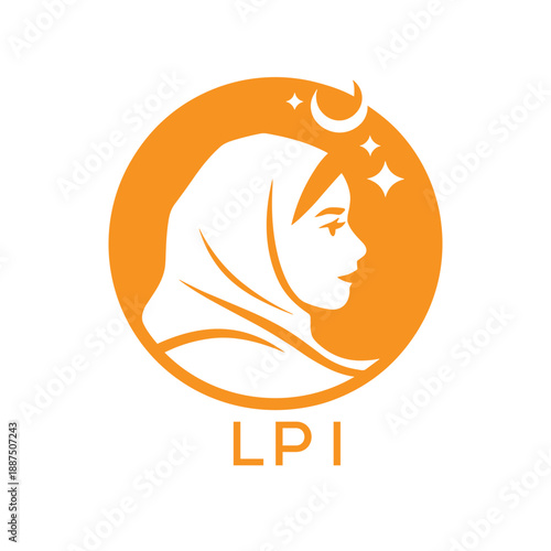 LPI Elegant Muslim Woman Logo. LPI with Crescent Moon and Stars – Islamic Beauty, Hijab Fashion & Modest LPI Branding Icon.
