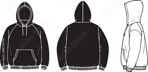 Hoodie Tech Pack Template Featuring Front, Back, and Side Profile Views in Solid Silhouette and Outlined Fashion Sketch Styles
