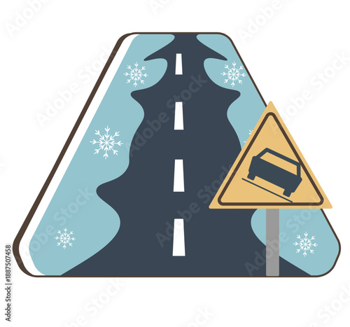 凍結した道路。雪で滑る車。スリップ注意。ベクターイラスト