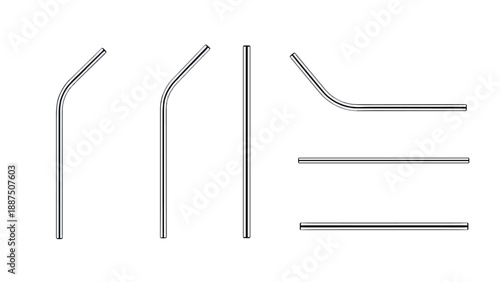 Set of eco-friendly reusable metal drinking straws shown in straight and bent varieties from multiple angles isolated on a white background.