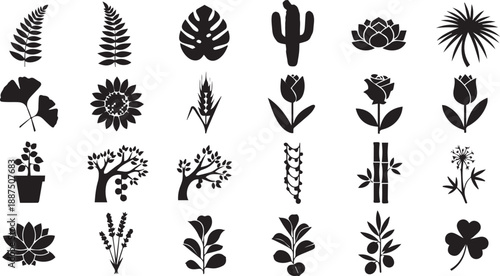 Diverse Botanical Silhouette Collection Featuring Floral, Leafy, and Tropical Elements Including Lotus, Cactus, Fern, and Bamboo