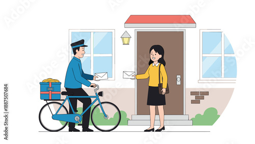Friendly mail carrier on a bicycle delivering letters to a woman at the entrance of her house depicting postal services and neighborhood life.