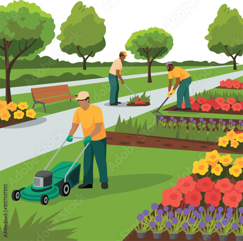 Scene of municipal workers maintaining a city park people vector on white background.