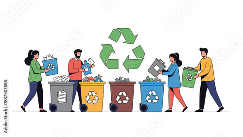 Group of environmentally conscious people sorting different types of waste into colorful recycling bins with a large green symbol.
