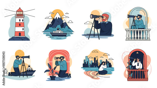 Collection of icons showing people observing through telescopes and binoculars in various settings like lighthouses and mountains.