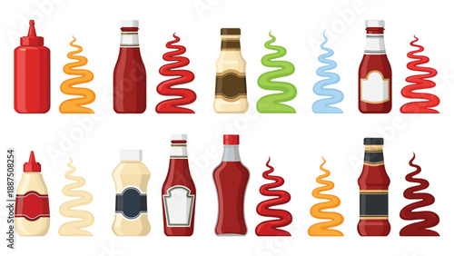 Collection of different condiment bottles including ketchup and mustard with colorful decorative sauce squirts or swirls beside them.