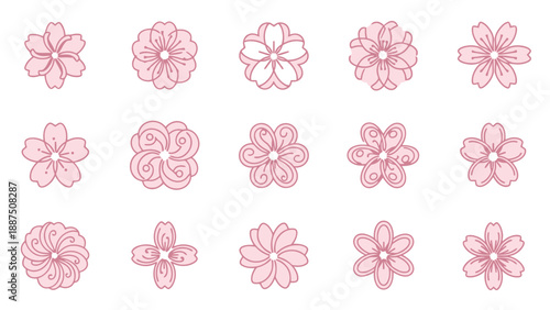Collection of Delicate Pink Cherry Blossom Flower Icons and Illustrations