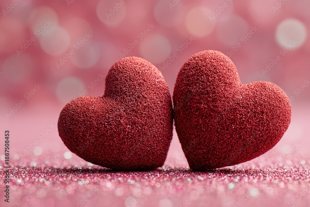 Obraz premium Two red hearts on a pink glitter background create a romantic atmosphere for Valentine's Day celebrations, perfect for love-themed designs and decorations with copy space