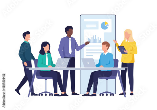 A successful team of business people including a manager and businesswoman collaborate in an office meeting using a laptop and data chart to enhance communication and teamwork