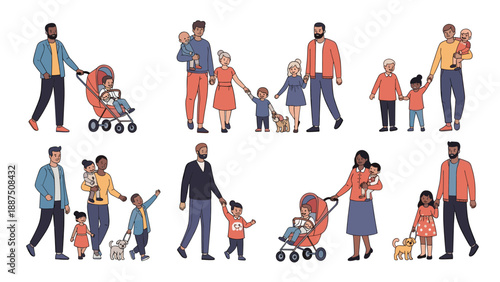 Diverse collection of families and couples walking together with children and pets in a friendly outdoor community setting.