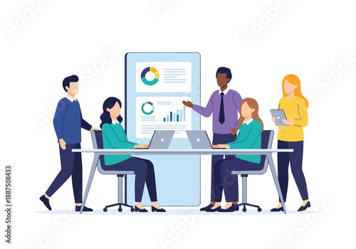 A successful team of business people including a manager and businesswoman collaborate in an office meeting using a laptop and data chart to enhance communication and teamwork