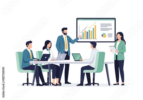 A successful team of business people including a manager and businesswoman collaborate in an office meeting using a laptop and data chart to enhance communication and teamwork