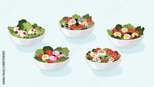 Set of five bowls with fresh healthy salads containing ingredients like eggs, tomatoes, onions, olives, and green lettuce leaves.