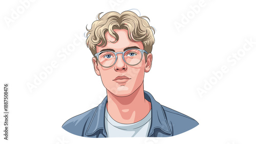 Portrait of a young man with curly blonde hair and glasses wearing a blue denim jacket over a white t-shirt against a white background.