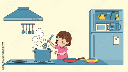 Young girl happily cooking a meal in a kitchen by stirring a steaming pot on a stove with various kitchen appliances in the background.
