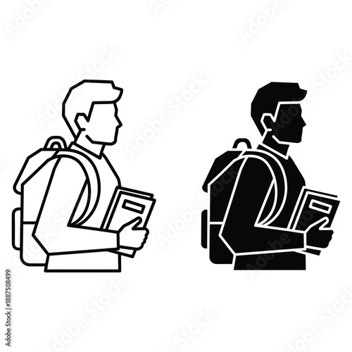Two students with backpacks and books walking side by side in a line black and white