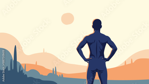 Silhouette of a man from behind standing with hands on hips looking out over a landscape of hills at sunset or sunrise.