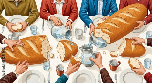 Diverse People Sharing Large Bread at Table