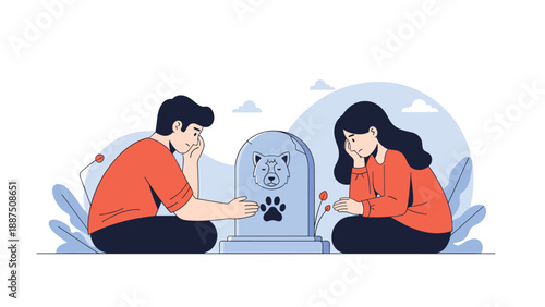 Sad young couple mourning the loss of their pet at a small grave with a dog paw print symbol and flowers in a peaceful park.