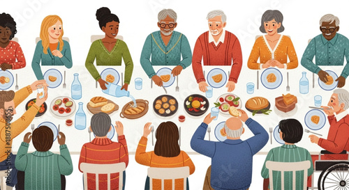 Diverse People Sharing Large Bread at Table