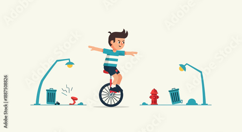 Boy Riding Unicycle with Outstretched Arms.