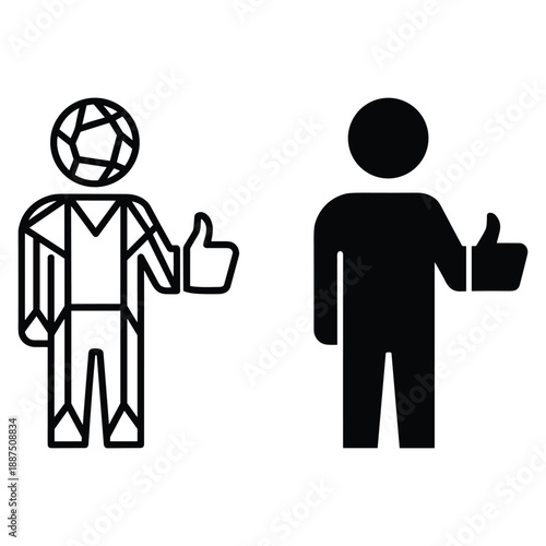 Two stylized figures giving thumbs up with one holding a soccer ball black and white