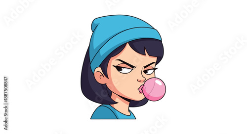 Cartoon Girl Blowing Pink Bubble Gum.