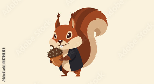 Cartoon Squirrel Holding Acorns in Basket.